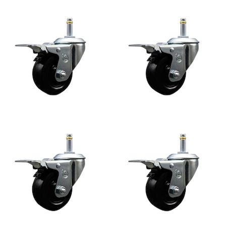 Service Caster 3'' Hard Rubber Swivel 7/16'' Grip Ring Stem Caster Set Total Lock Brake, 4PK SCC-GRTTL20S314-HRS-716138-4